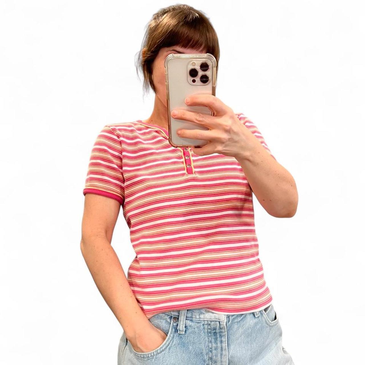 Vintage Y2K Pink Striped Baby Tee Henley Ribbed Fitted Short Sleeve Top