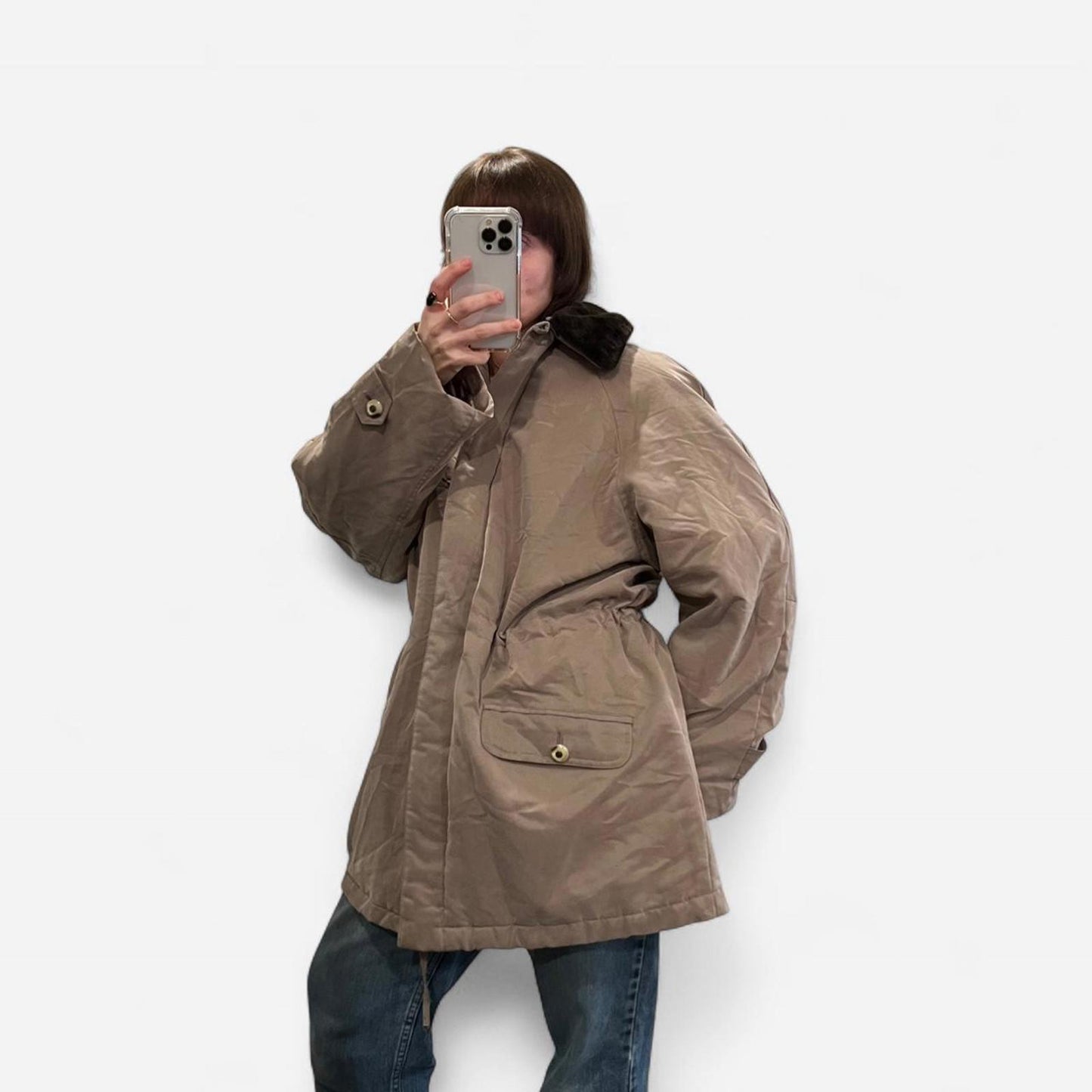 Vintage 90s Taupe Faux Fur Collar Coat