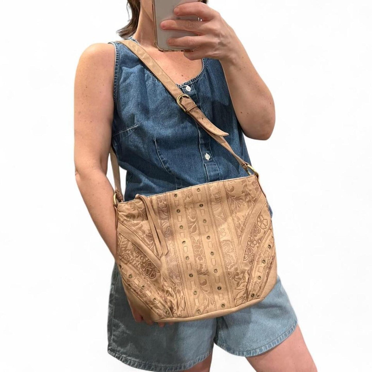 Vintage Y2K Tooled Floral Leather Shoulder Bag