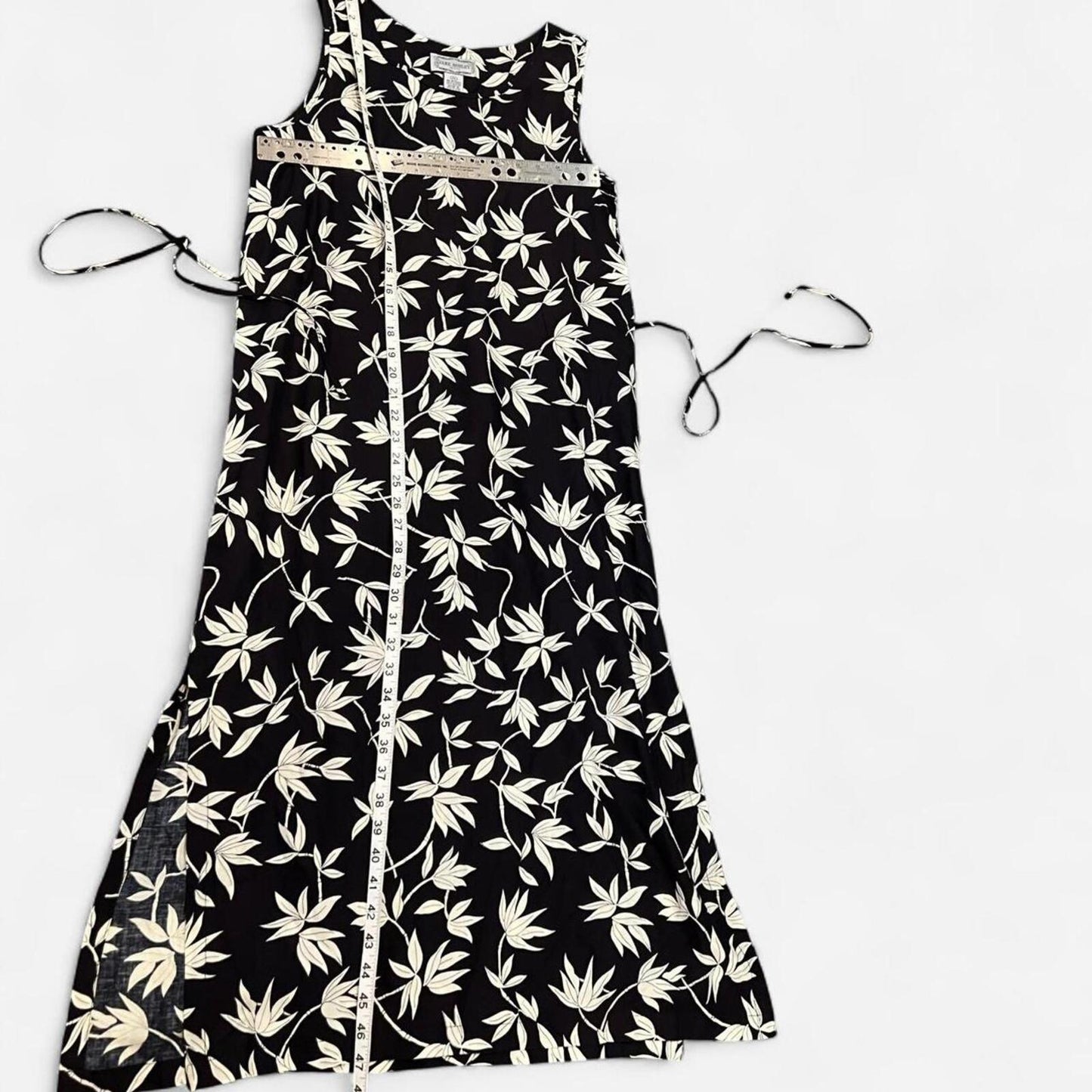 Vintage 90s Black Floral Midi Dress White Leaf Print Tie Back