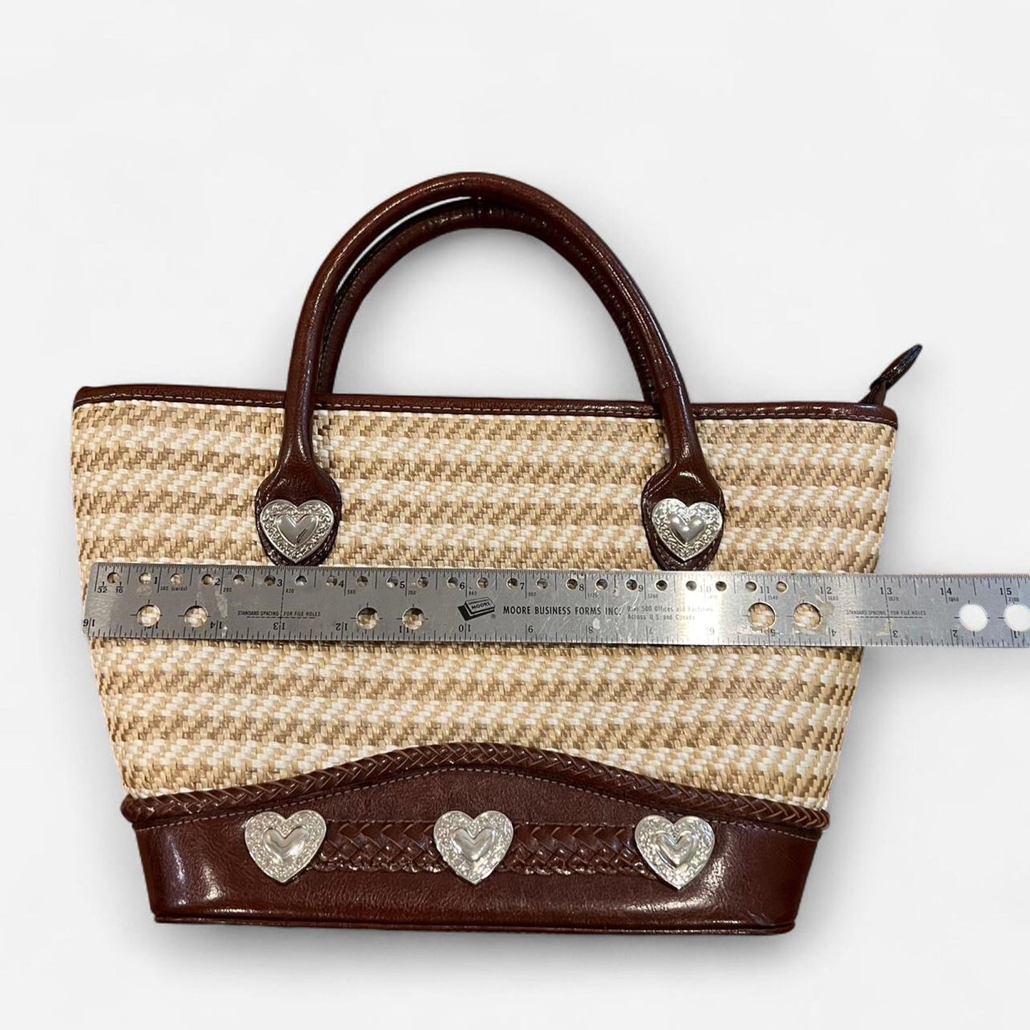 Vintage Y2K Woven Straw Tote Brown Leather Heart Bag