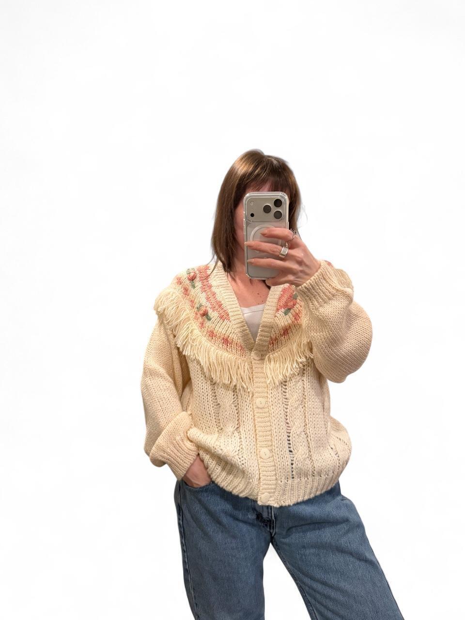 Vintage 80s Hand Knit Floral Fringe Cardigan