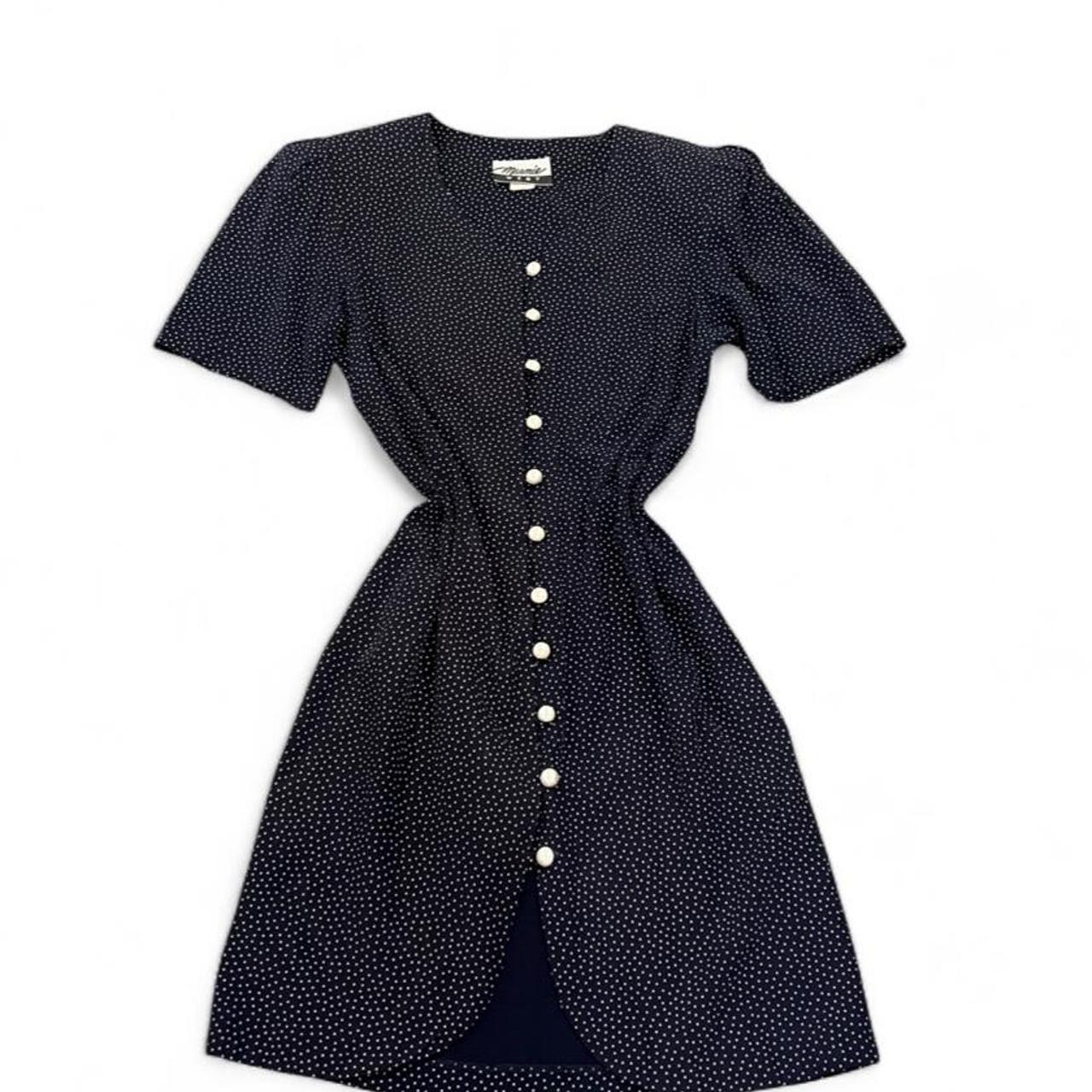 Vintage 90s Navy Polka Dot Button Front Dress Pearl Buttons
