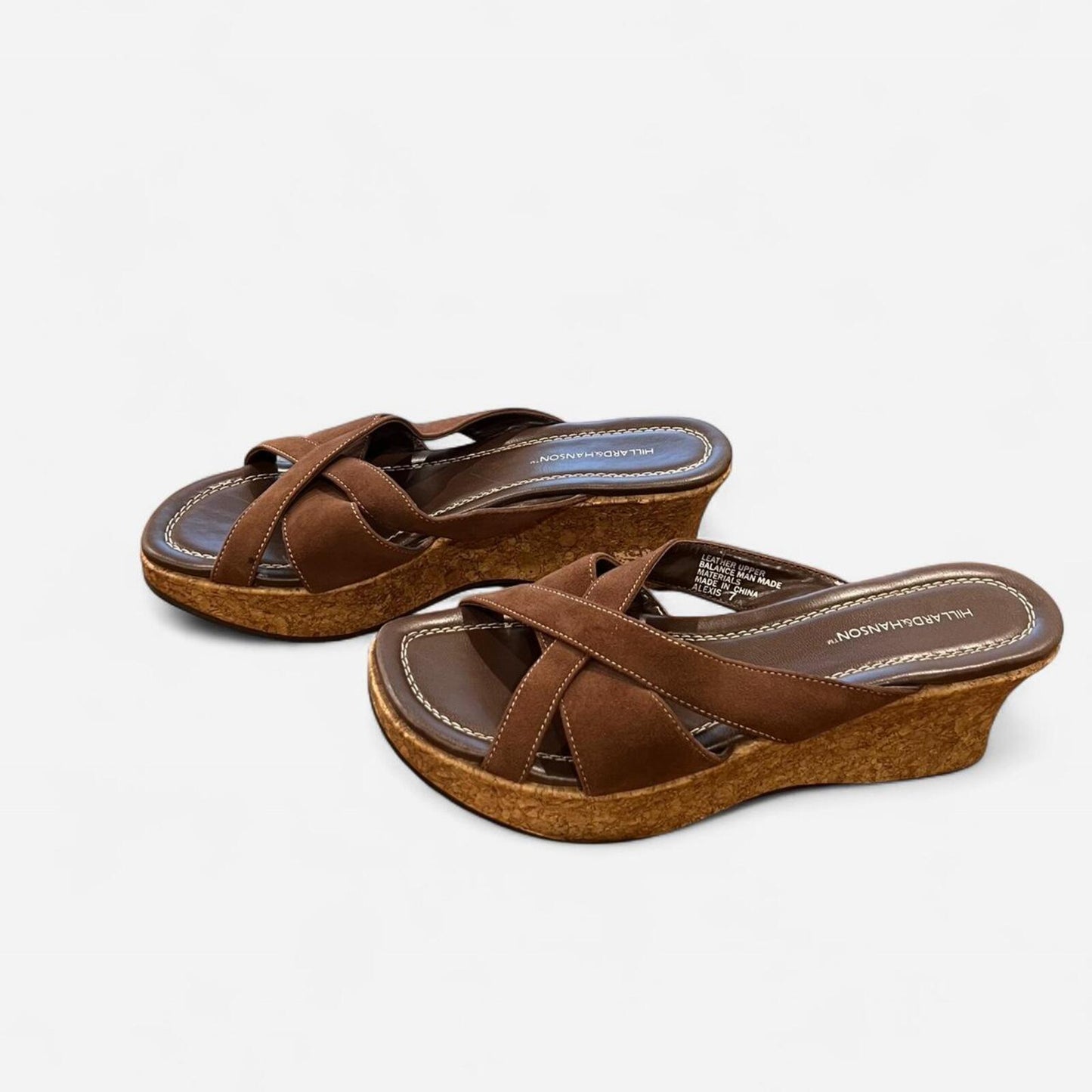 Y2K Brown Leather Cork Wedge Slides Platform Sandals