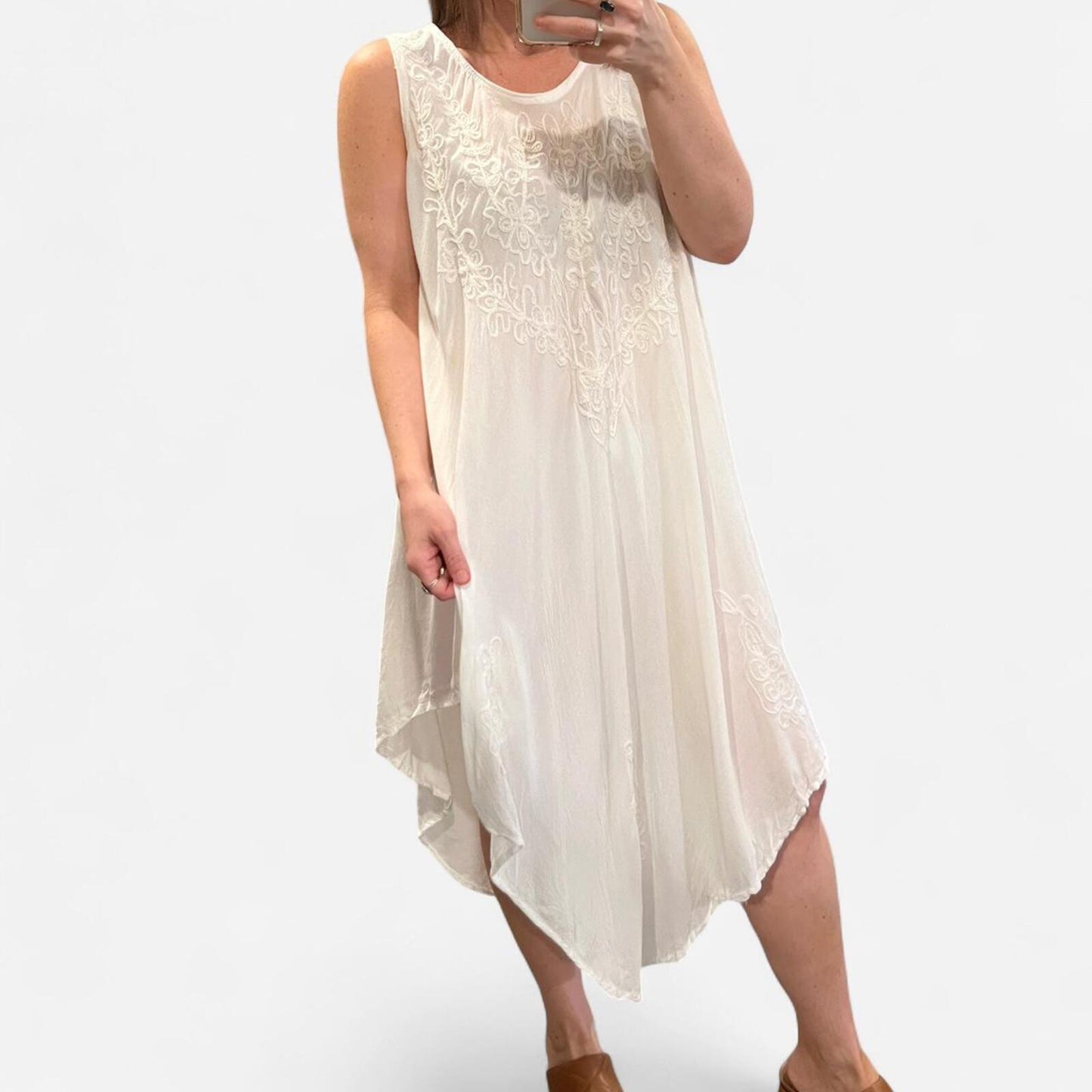 Vintage White Embroidered Boho Dress Sheer Flowy