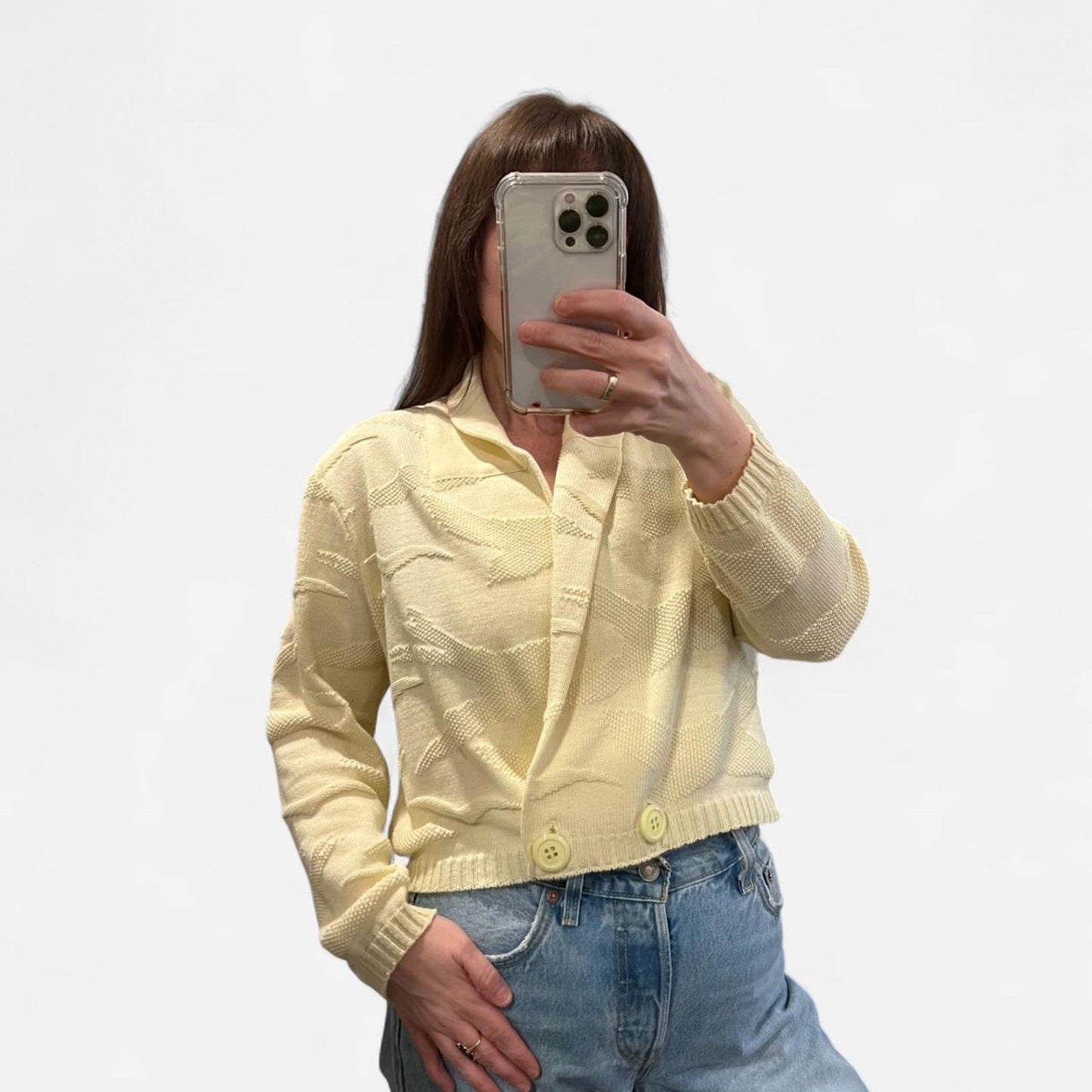 Vintage 90s Yellow Textured Knit Cropped Cardigan