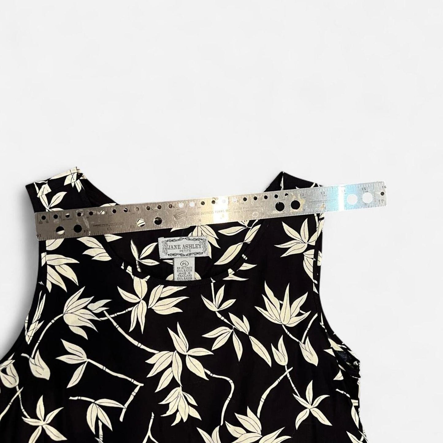 Vintage 90s Black Floral Midi Dress White Leaf Print Tie Back