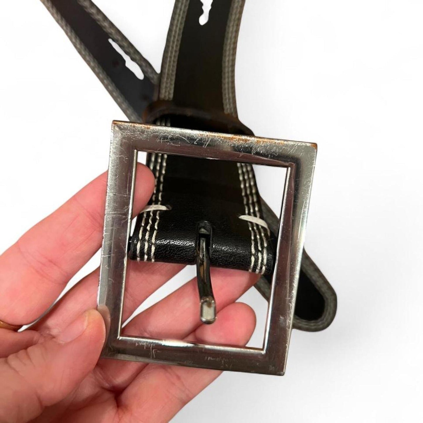 Urban Outfitters Black Leather Belt Contrast Stitch Square Buckle Y2K