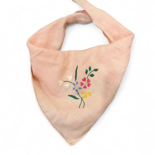 Vintage Pink Embroidered Floral Handkerchief / Scarf
