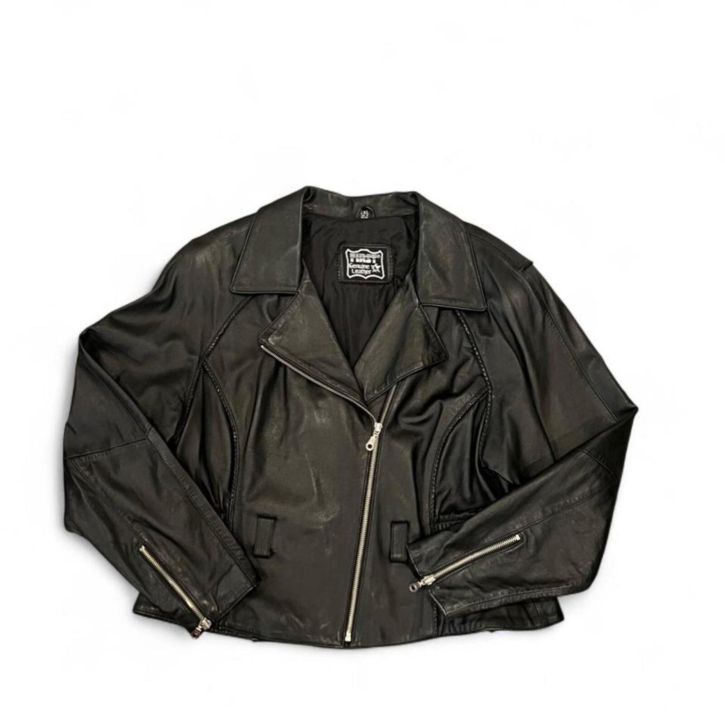 Vintage Black Leather Moto Jacket Oversized 90s Biker Coat XXL