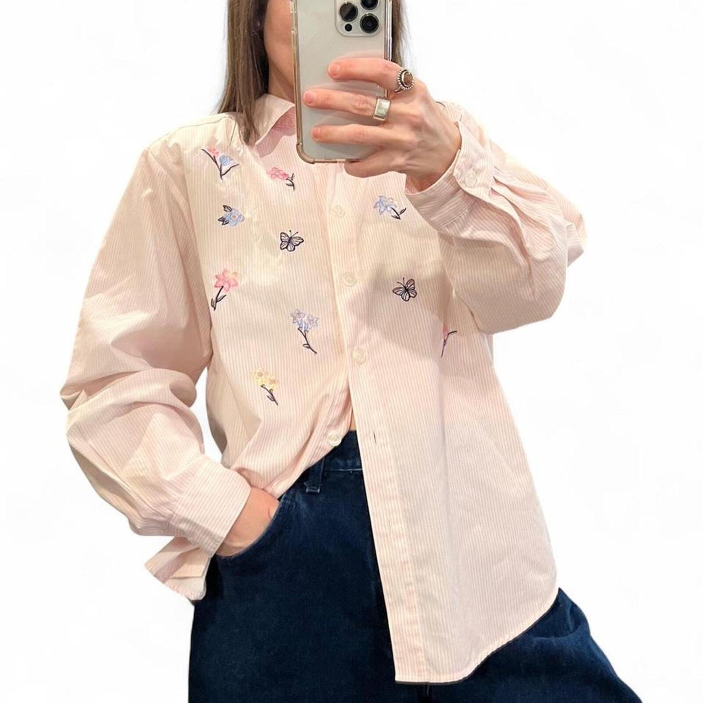 Vintage Y2K Pink Pinstripe Embroidered Floral Button Up
