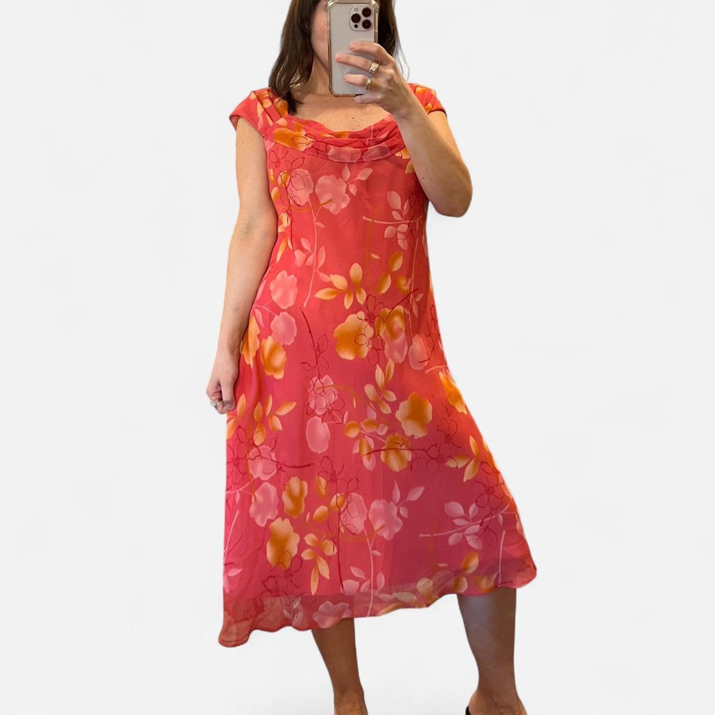 Vintage Y2K Silk Floral Dress Pink Orange Midi