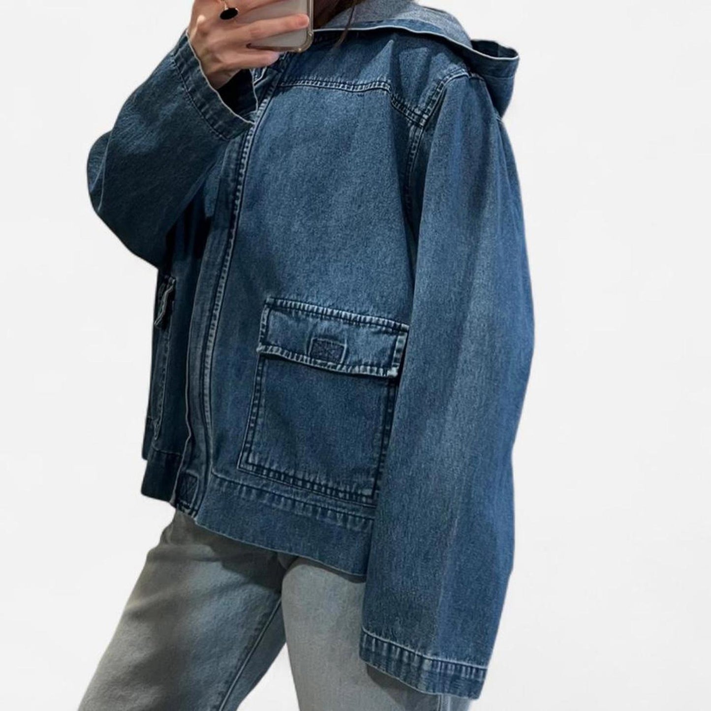 Vintage 90s Denim Hooded Jacket – Zip Front Cotton Jacket