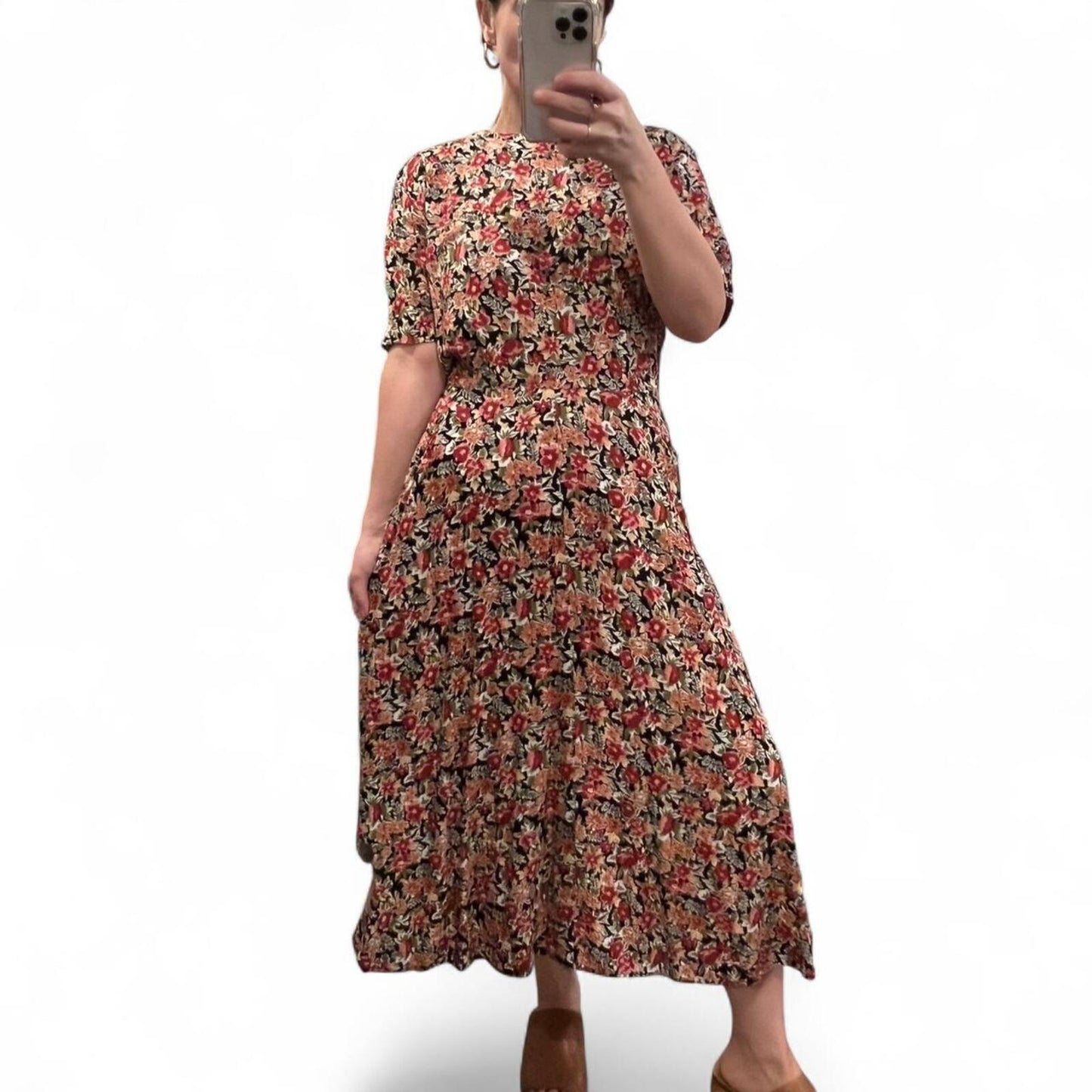 Vintage Floral Midi Dress 90s Grunge Soft Girl Rayon