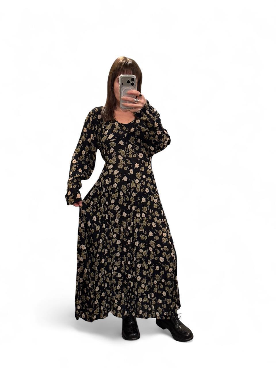 Vintage 90s Black Floral Maxi Dress