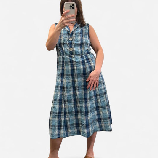 Y2K Blue Plaid Button Front Midi Dress Cottagecore