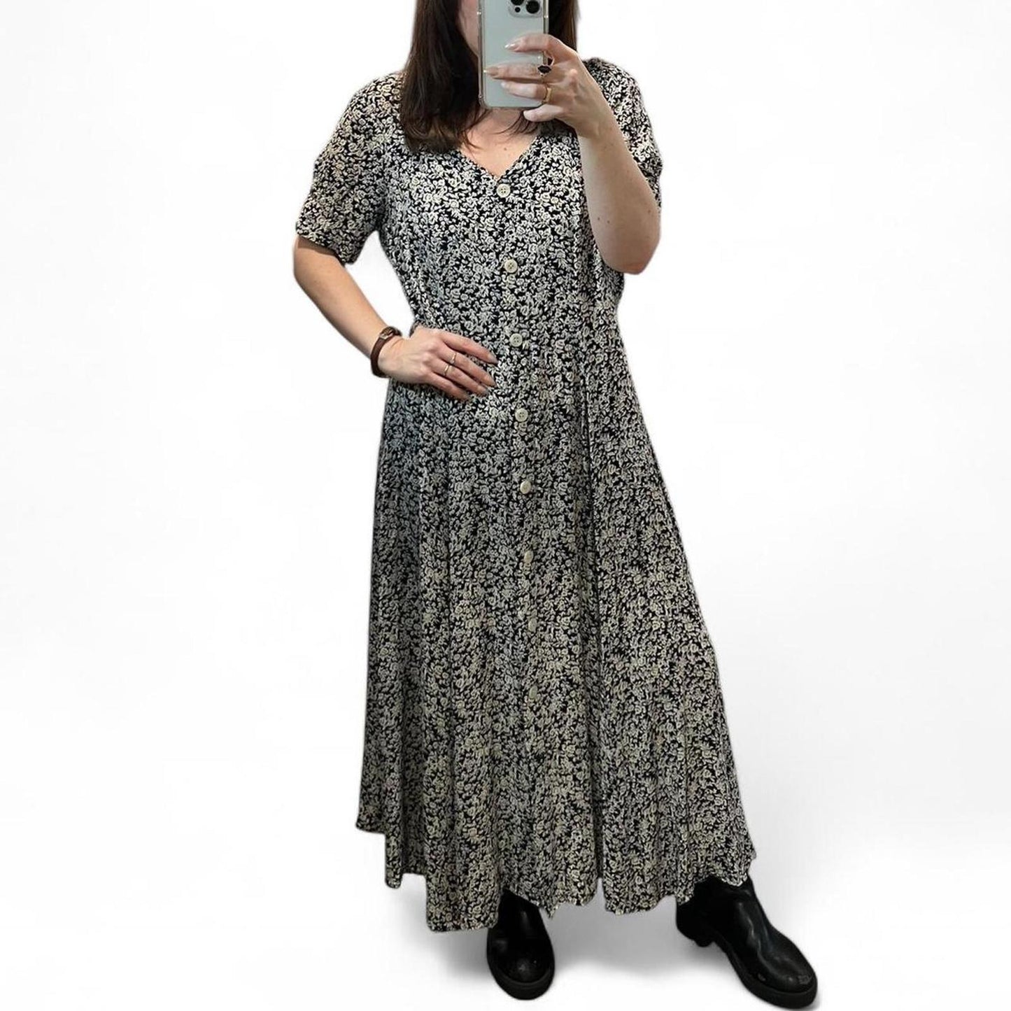 Vintage 90s Black Floral Button Front Maxi Dress