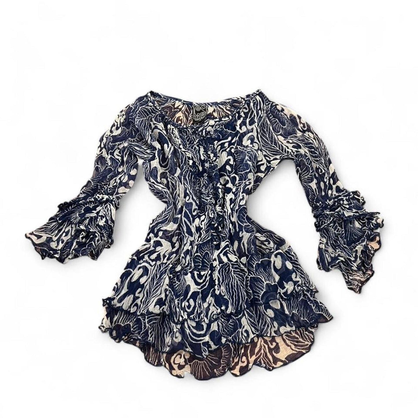 Vintage Y2K Sheer Floral Ruffle Top Blue Boho