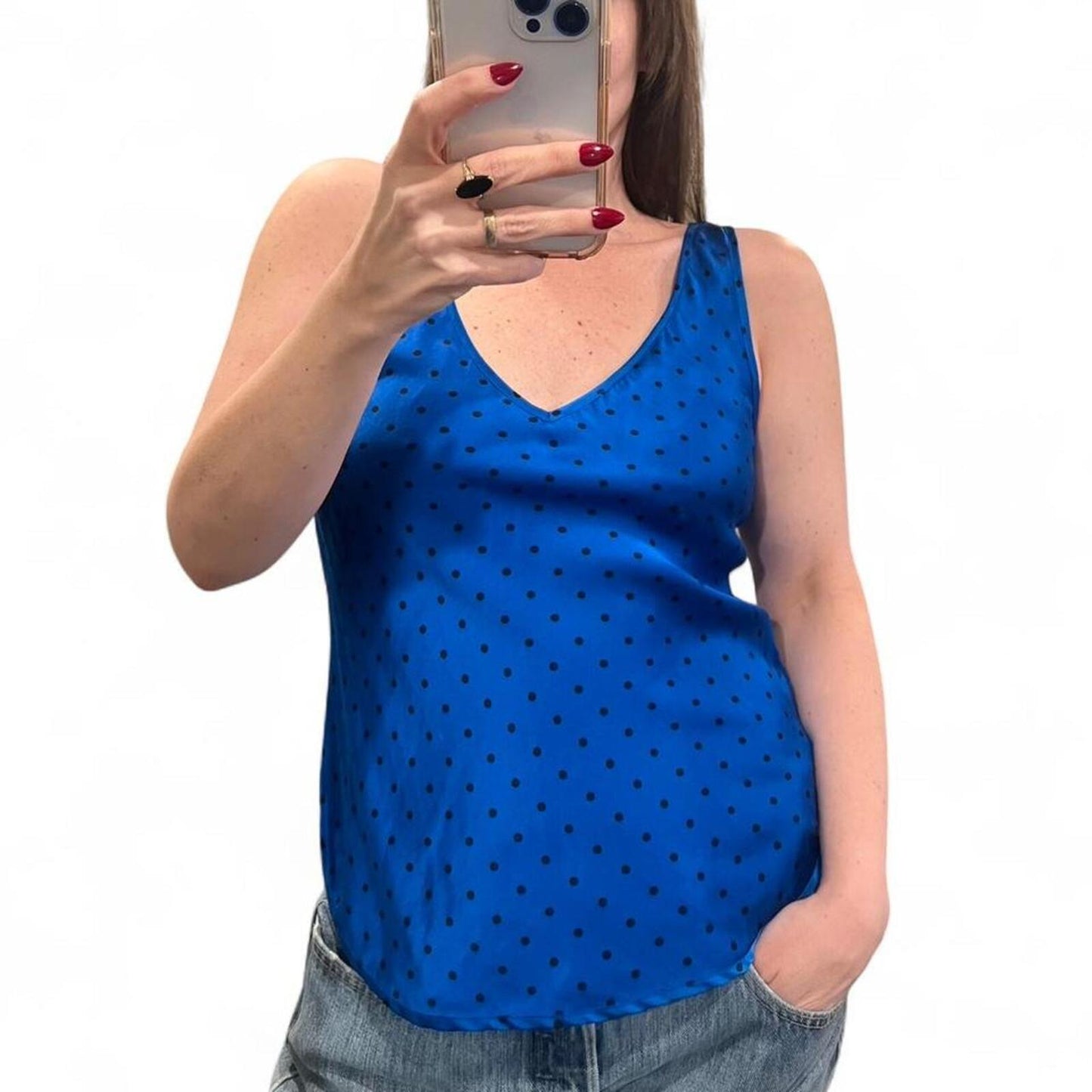 Vintage Y2K cobalt blue silk polka dot tank top