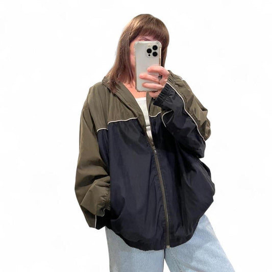 Vintage 90s Colorblock Windbreaker Jacket Oversized Olive Black