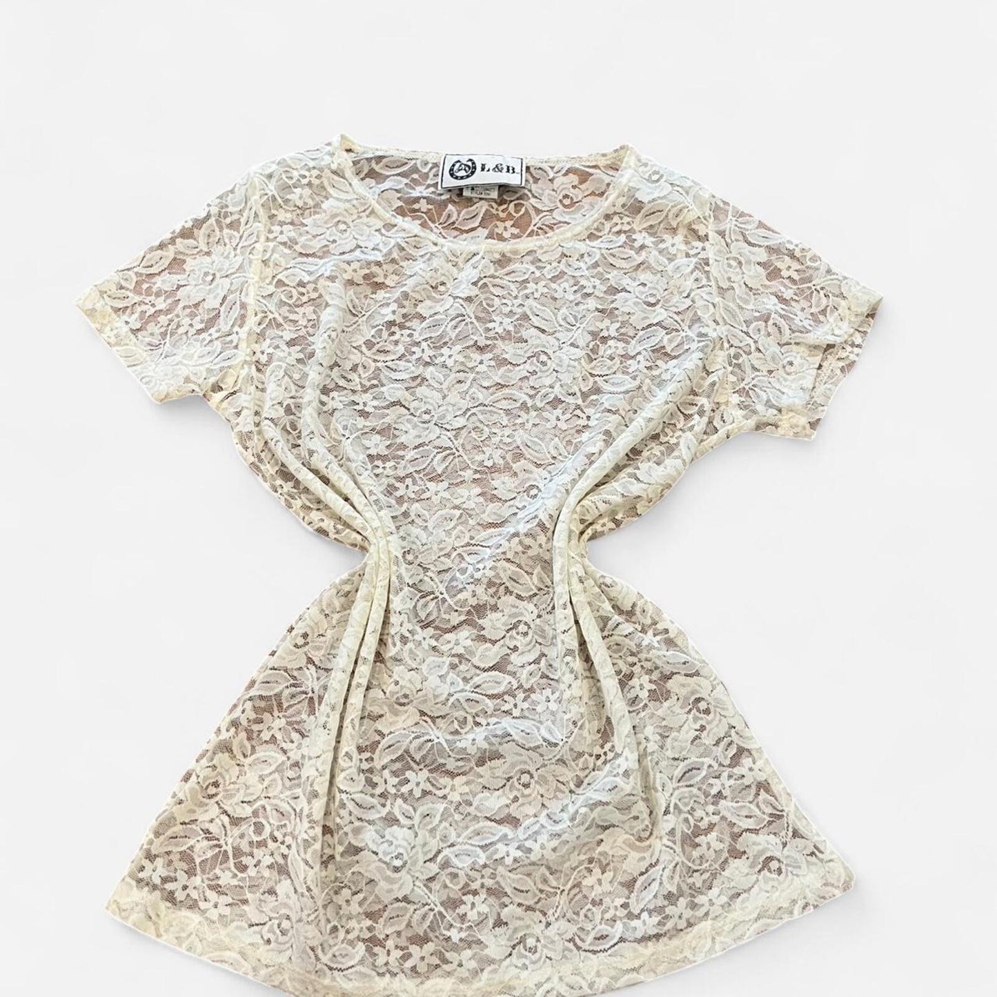 Vintage Y2K Sheer Lace Top Coquette Baby Tee Cream Floral