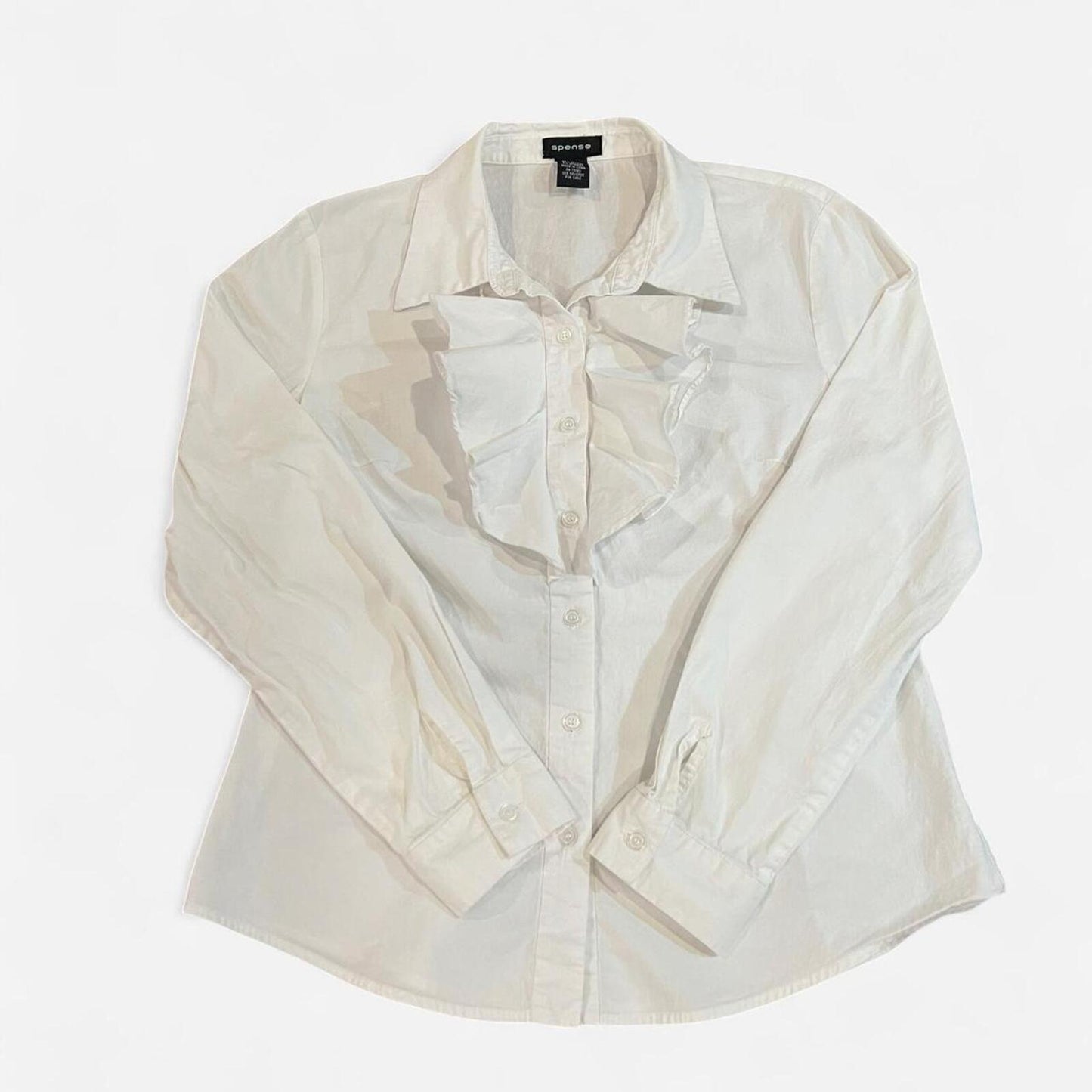 Vintage Y2K White Ruffle Button Up Blouse Fitted Stretch