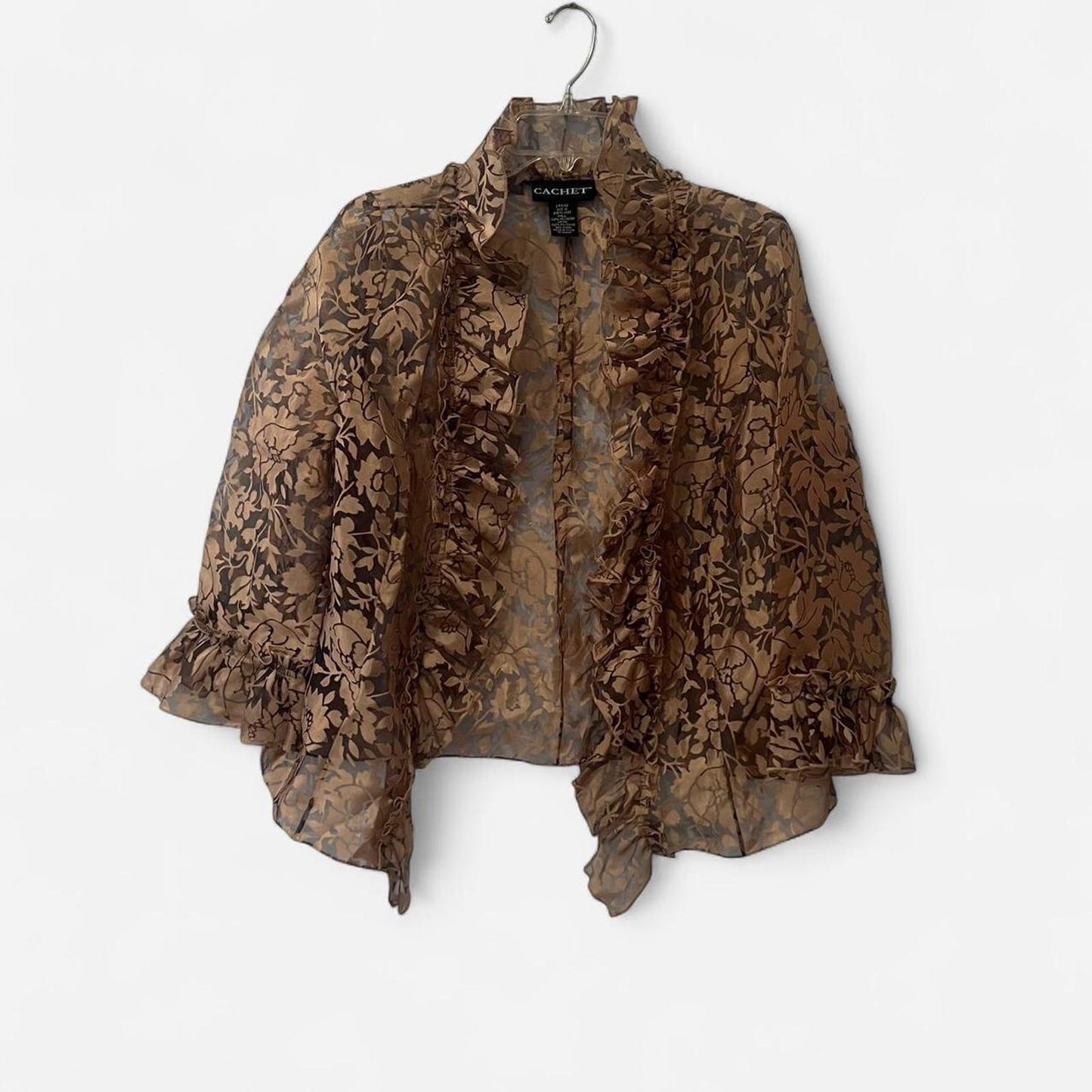 Vintage 90s Romantic Brown Sheer Floral Ruffle Blouse
