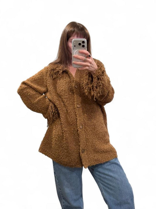 Vintage 90s Brown Bouclé Fringe Cardigan Jacket XL