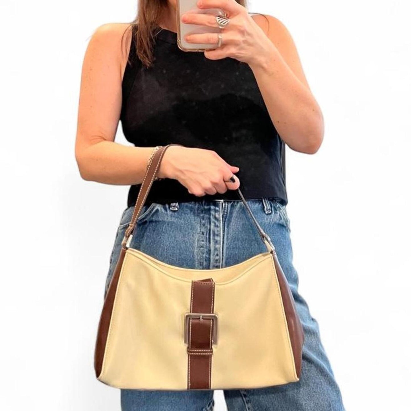 Vintage Y2K Buckle Shoulder Bag Cream Brown Faux Leather Baguette Purse