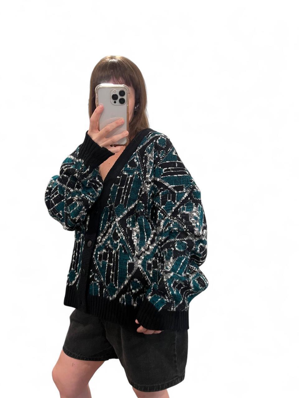Vintage 90s Abstract Knit Grandpa Cardigan Oversized XL