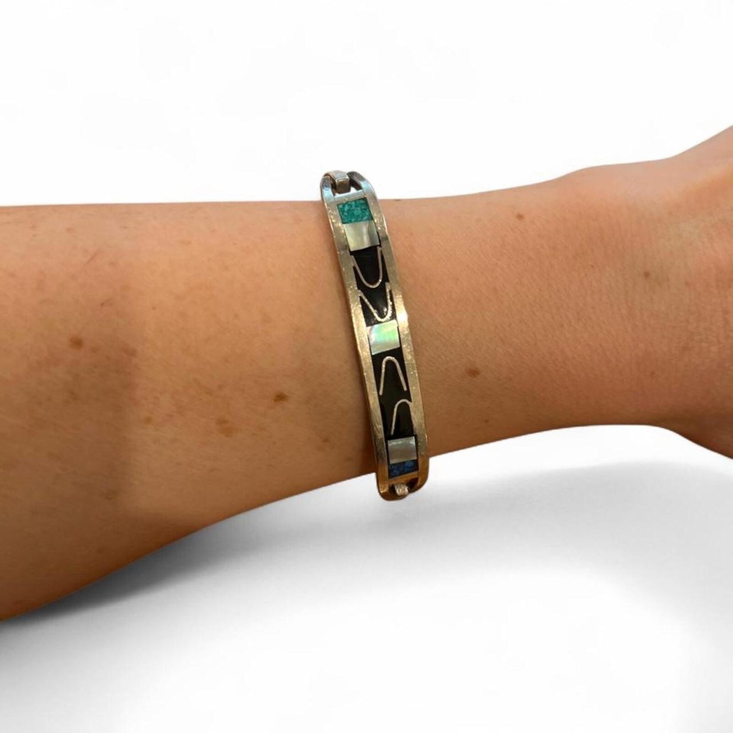 Vintage Southwest Inlay Cuff Bracelet Sterling Silver Turquoise Abalone