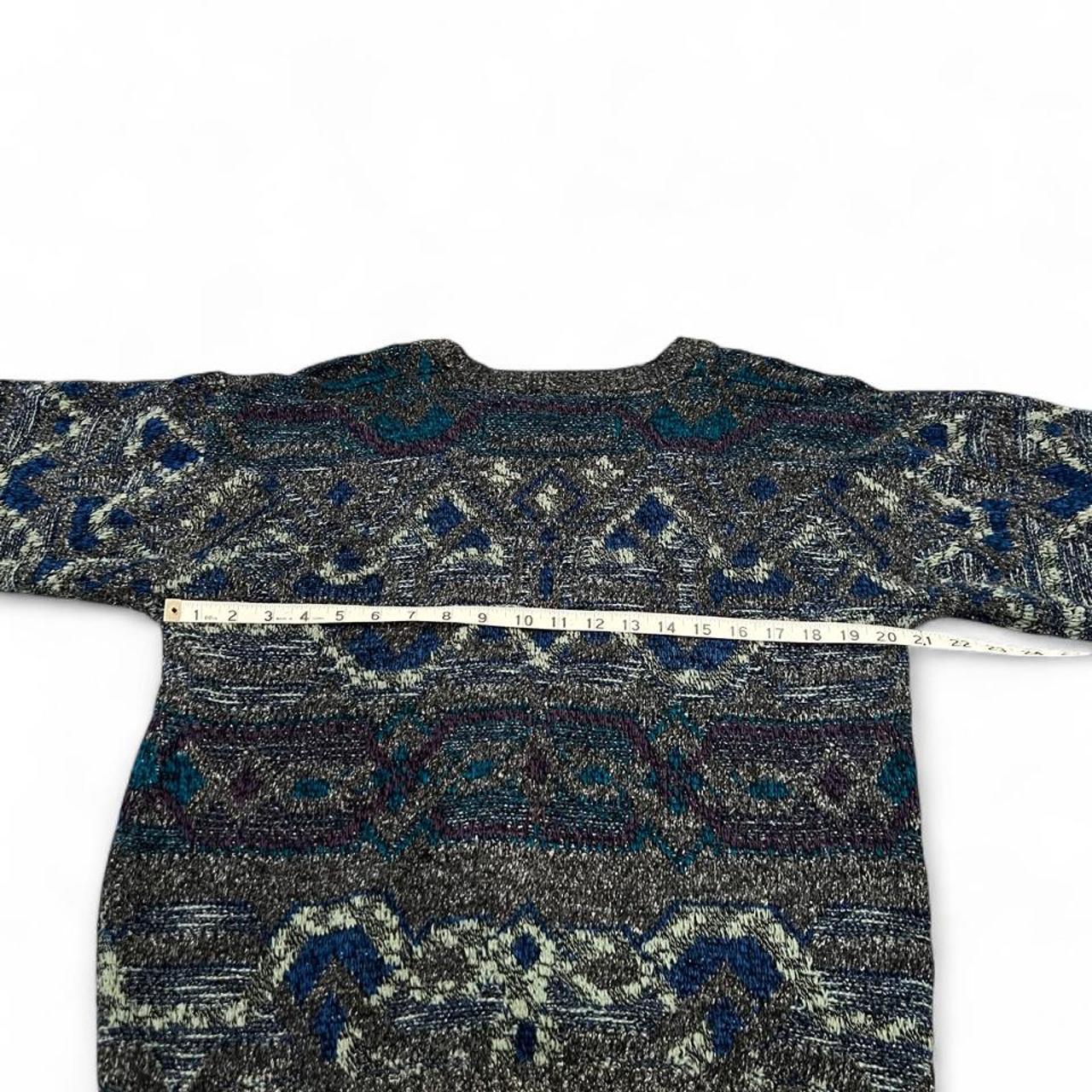 Vintage 90s Oversized Grandpa Cardigan Sweater Gray Blue Abstract Knit L