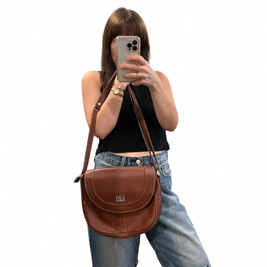 Vintage Brown Leather Saddle Bag Crossbody Shoulder Purse Y2K Minimalist