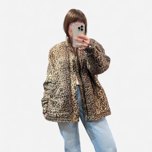 Vintage Silk Leopard Print Jacket M Quilted Y2K Oversized