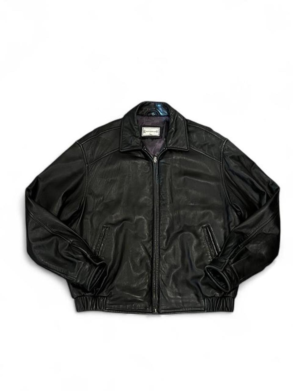 Vintage Black Leather Bomber Jacket Oversized Zip Front L