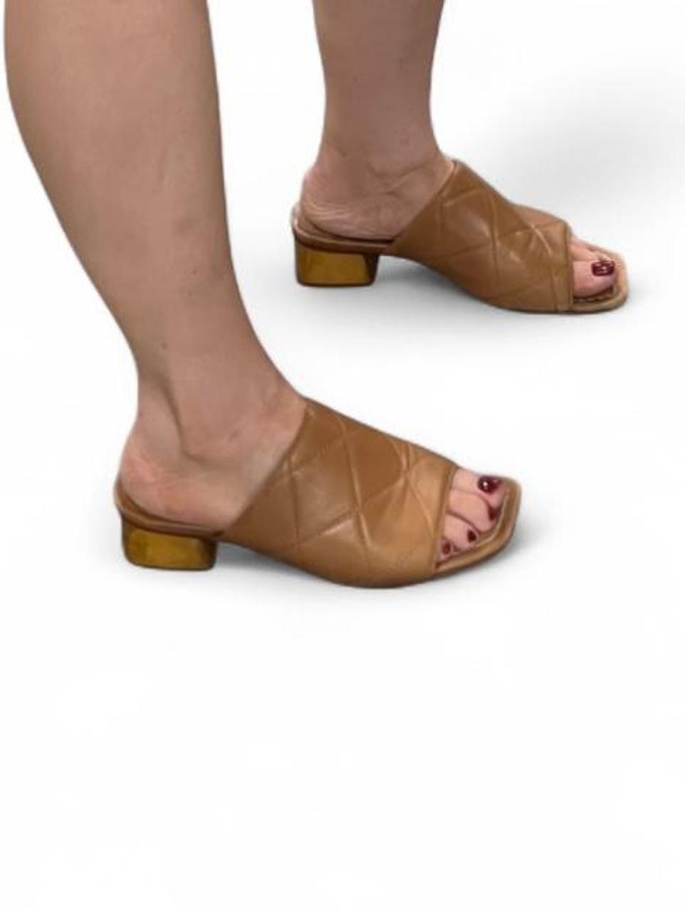 Bernardo Quilted Leather Slide Heels Camel Block Heel Minimalist Sandals