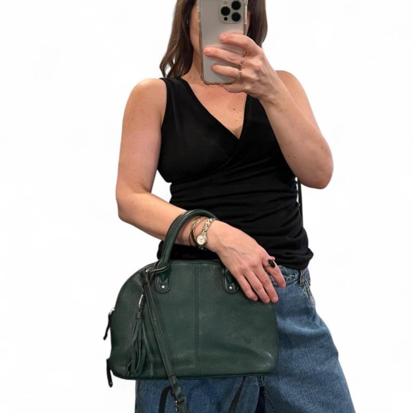 Vintage Tignanello Forest Green Leather Satchel Crossbody Bag
