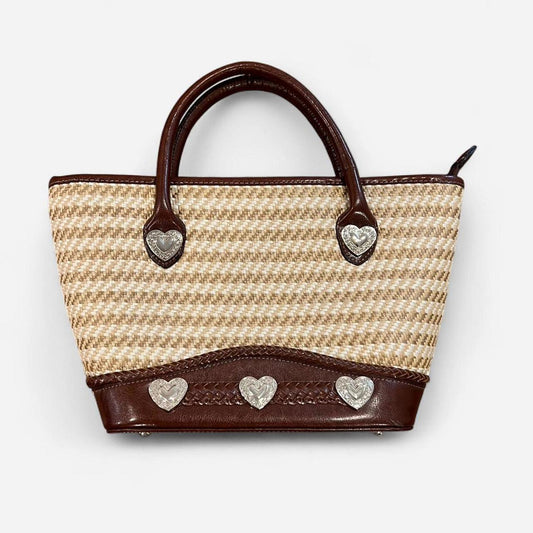 Vintage Y2K Woven Straw Tote Brown Leather Heart Bag