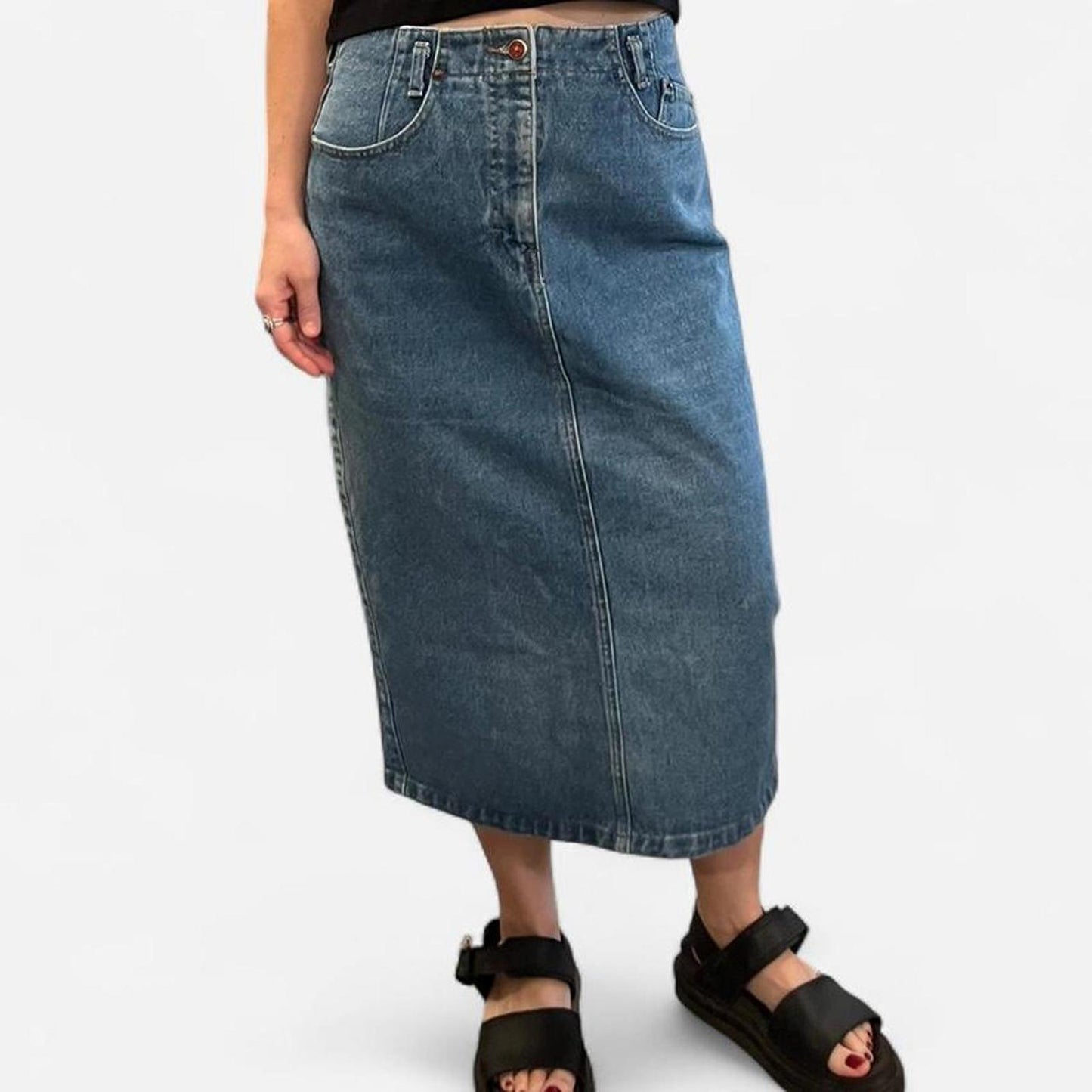 Vintage 90s Denim Midi Skirt High Waisted Y2K Straight Jean Skirt