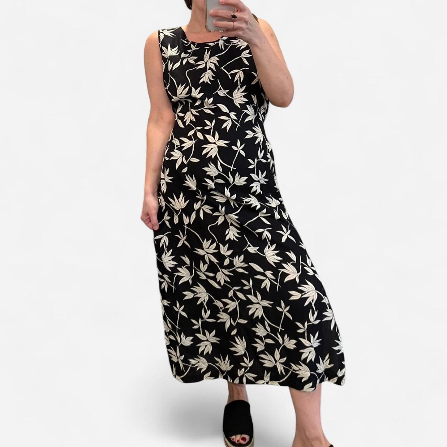 Vintage 90s Black Floral Midi Dress White Leaf Print Tie Back