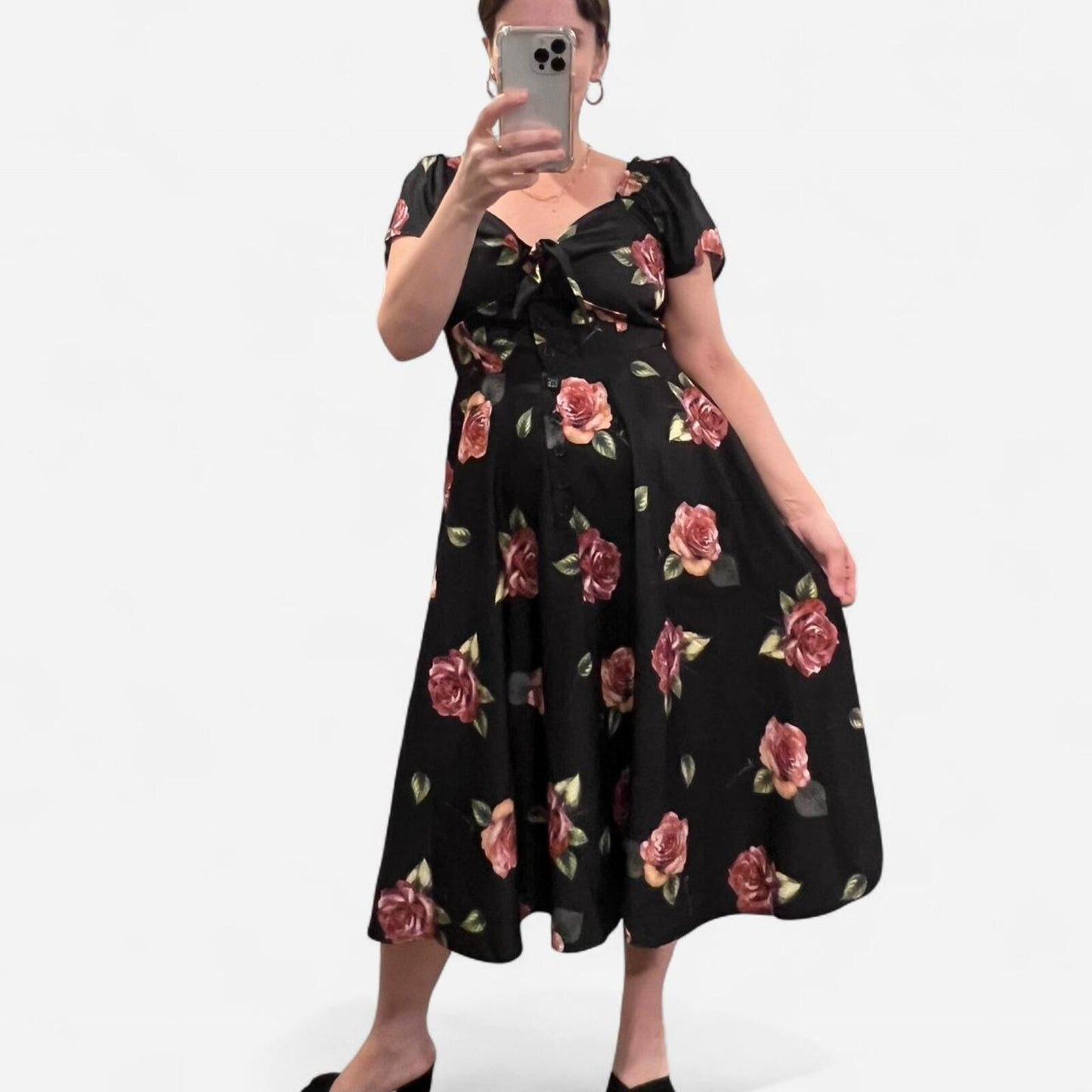 Vintage Y2K Rose Print Midi Dress Tie Front