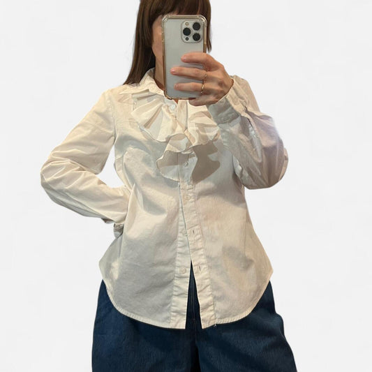 Vintage Y2K White Ruffle Button Up Blouse Fitted Stretch