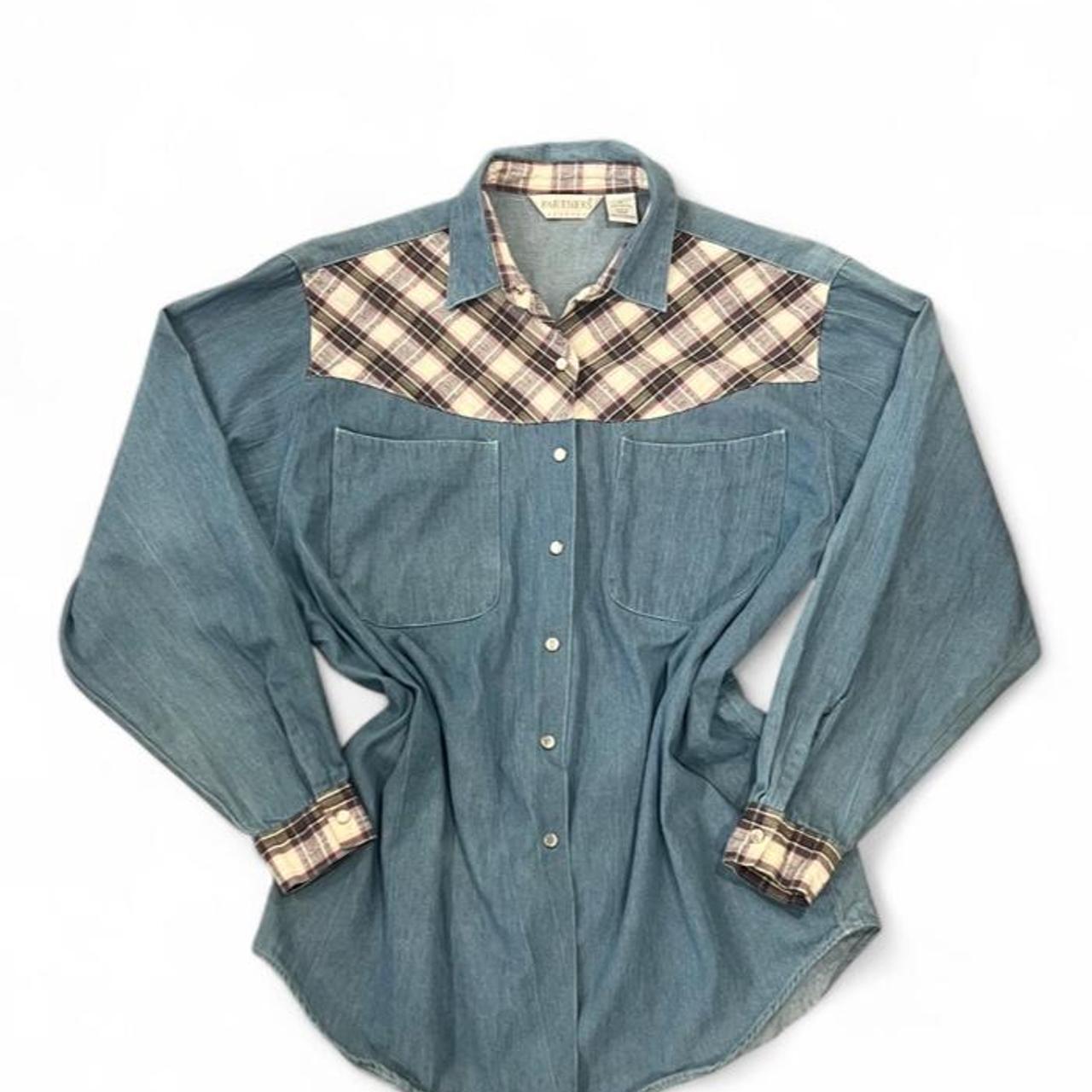 Vintage 90s Chambray Western Snap Shirt Plaid Yoke Oversized Denim Button Up