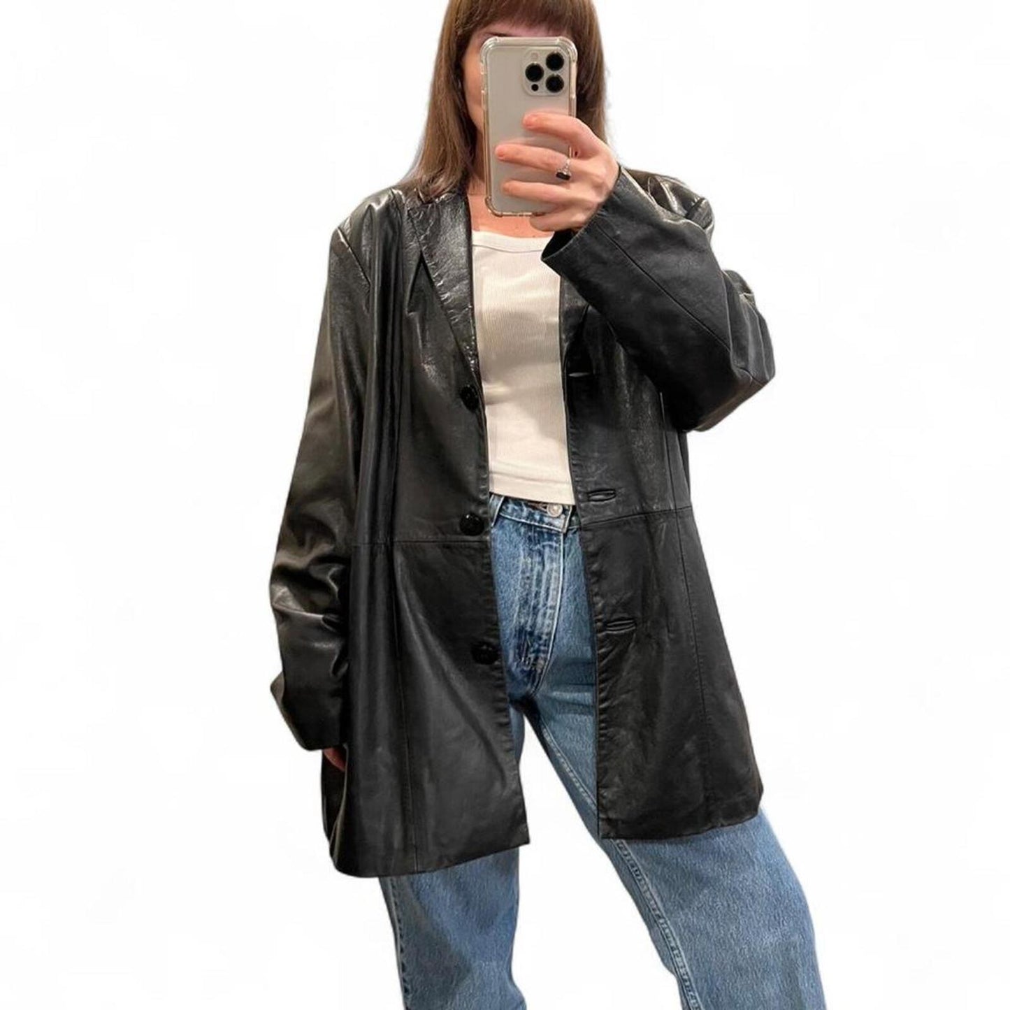 Vintage 90s Wilsons Leather Black Blazer Jacket Y2K Minimal