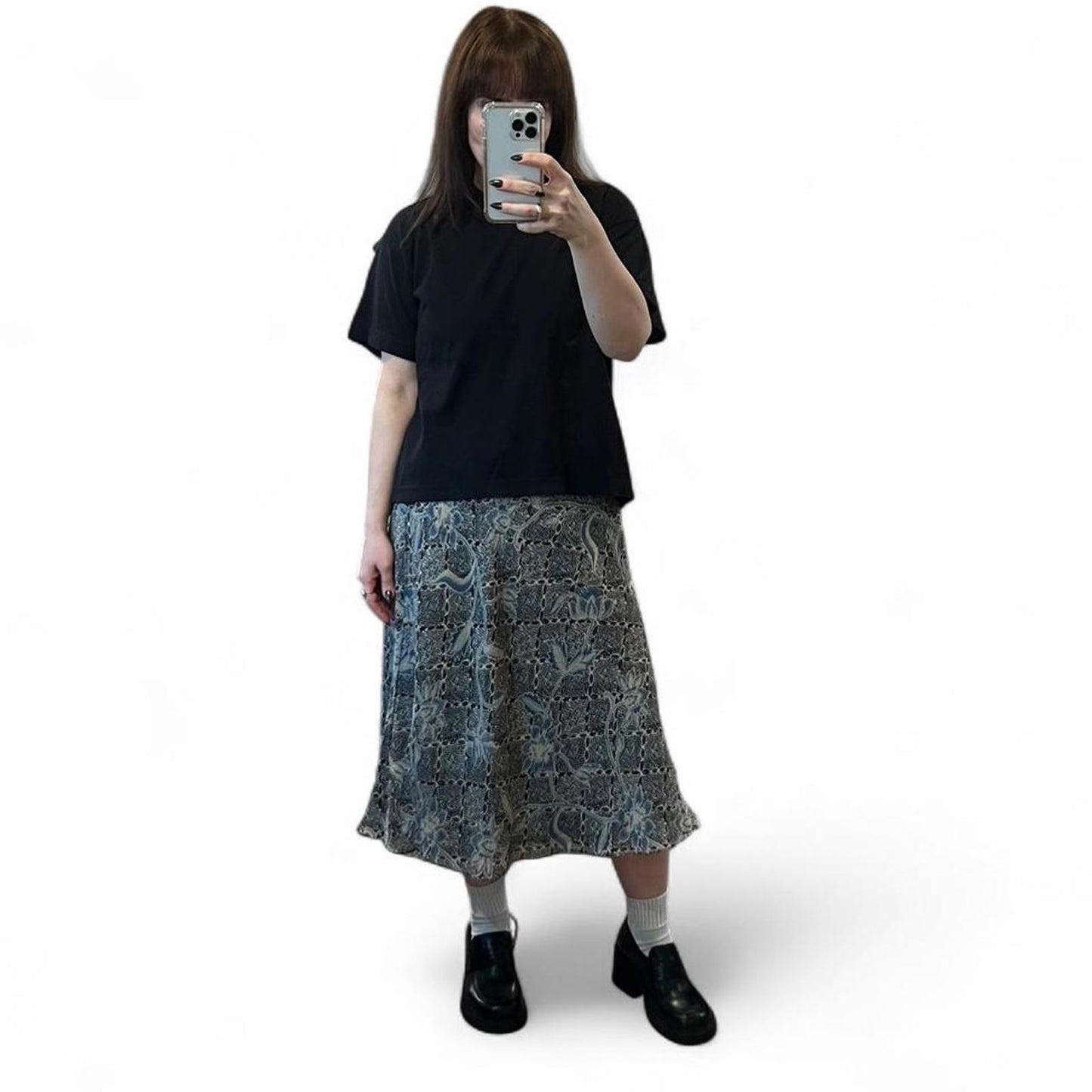 Vintage Silk Blue Floral Midi Skirt