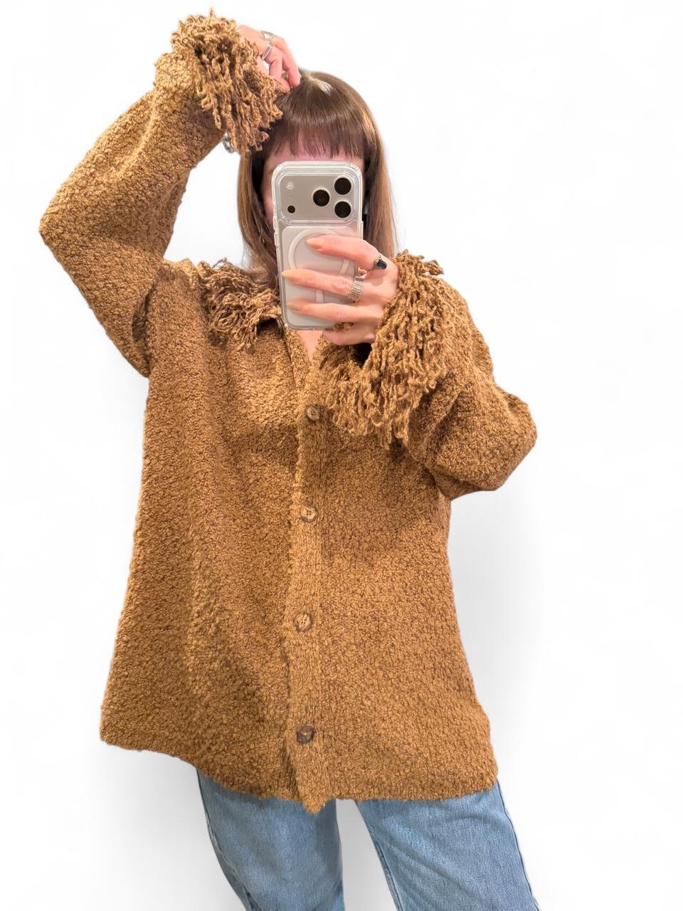 Vintage 90s Brown Bouclé Fringe Cardigan Jacket XL