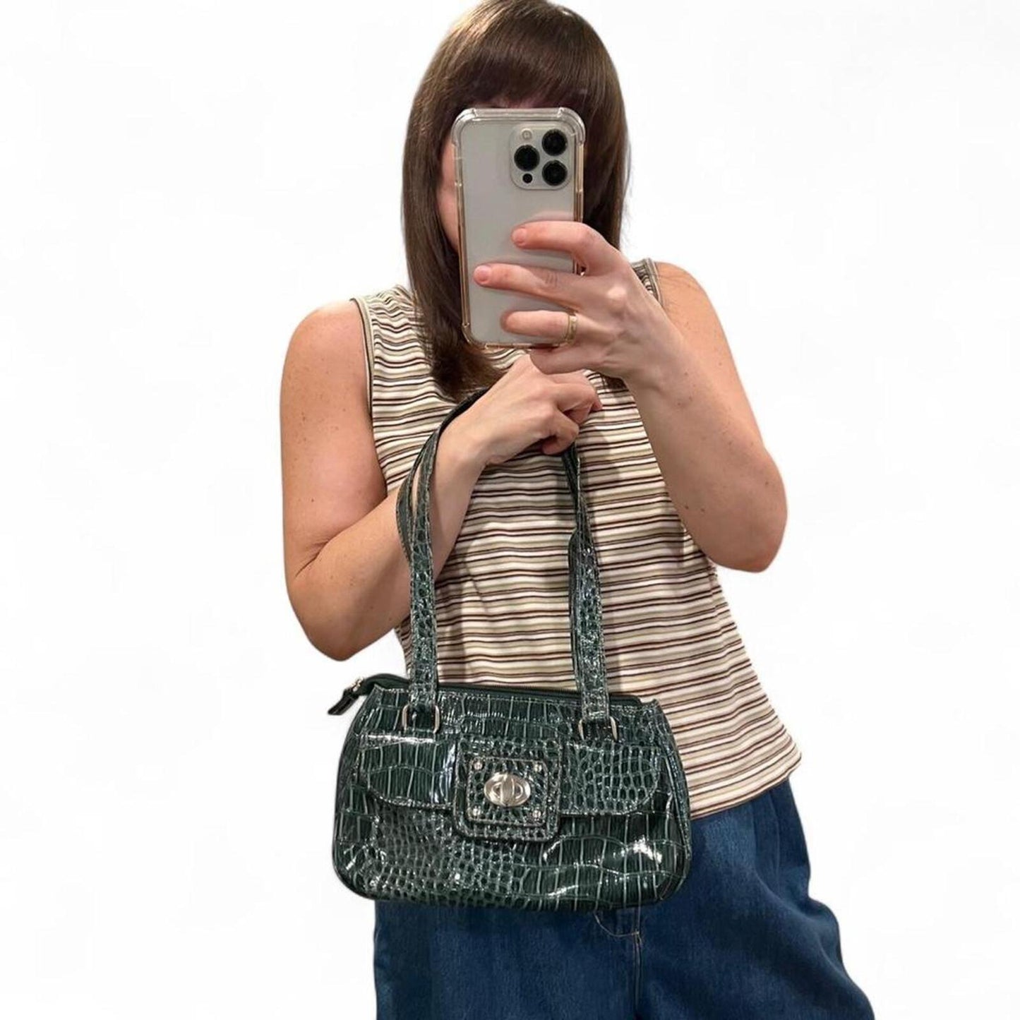 Y2K Dark Green Croc Embossed Shoulder Bag Mini Baguette