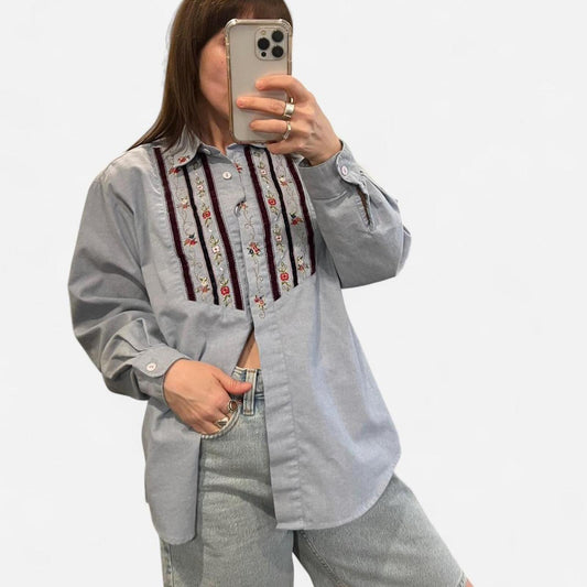 Vintage 90’s Embroidered Floral Button Up Shirt Cottagecore Boho