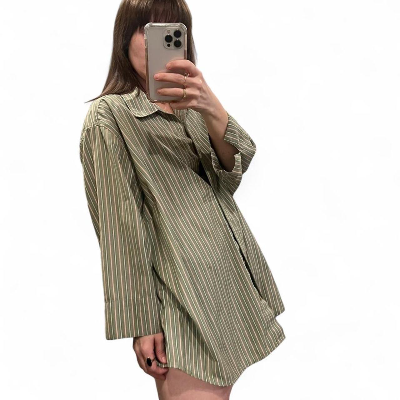 Vintage Sage Green Striped Oversized Button Up Shirt