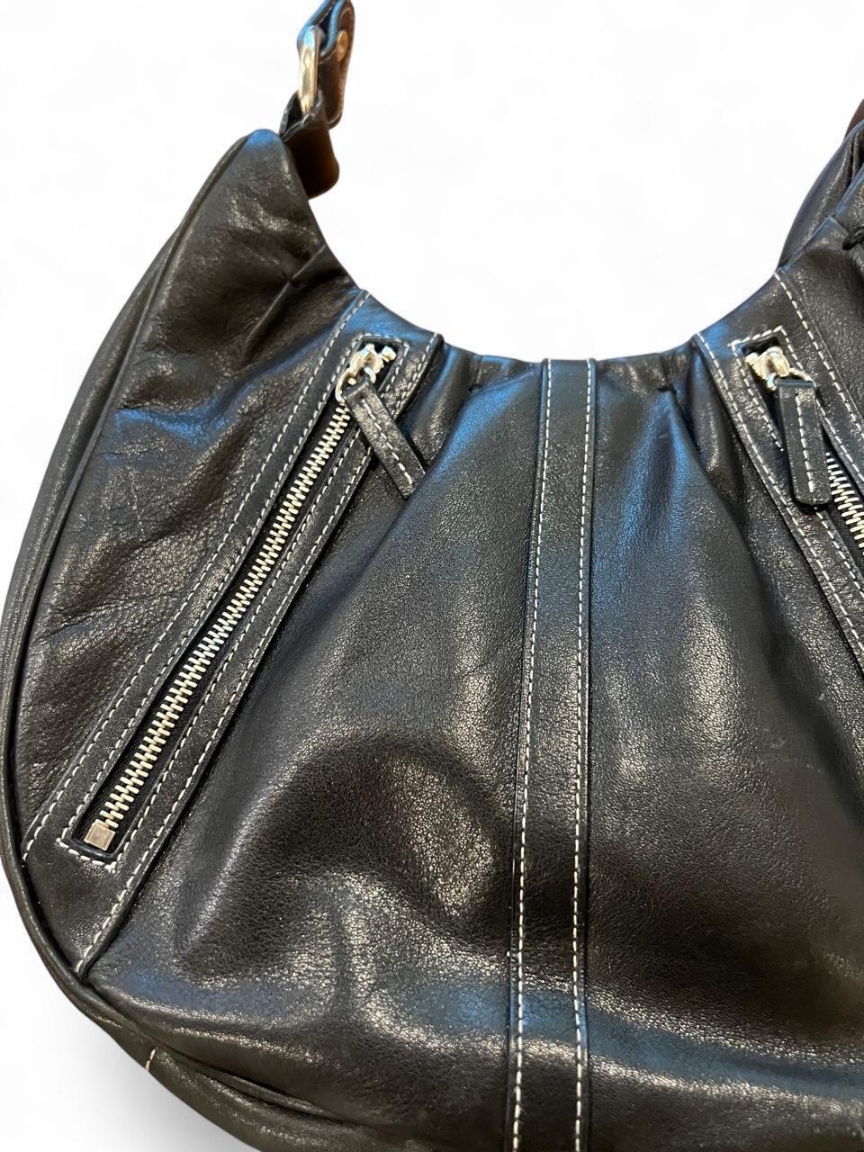 Vintage Y2K Black Genuine Leather Slouch Shoulder Bag Zip Hobo